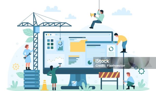 Website under construction vector illustration. Cartoon tiny people build and update structure of site with construction crane, builders work and create content with digital editor and equipment